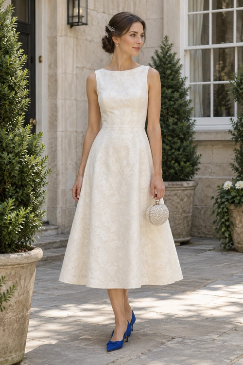 Ivory Midi Dress with Blue Heels A woman wears an ivory sleeveless floral-textured midi dress with blue pointed-toe heels and a round beaded clutch.