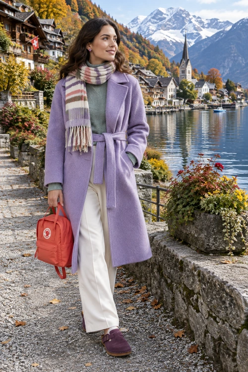 A belted lavender coat is styled with a striped scarf, white trousers, purple clogs, and a red backpack.