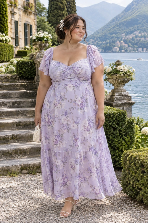 A woman wears a lavender floral maxi dress with flutter sleeves, a sparkly hair clip, a white beaded bag, and white strappy sandals.