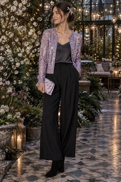 Lavender Sequin Cardigan and Wide-Leg Trousers A lavender sequin cardigan is layered over a charcoal camisole with black wide-leg trousers, ankle boots, and a pale lavender clutch.