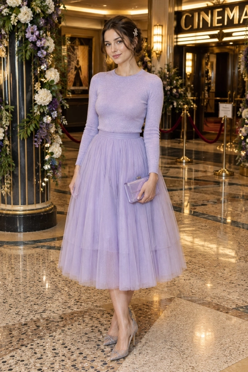 Lavender Tulle Skirt Outfit A lavender knit top and layered tulle midi skirt are paired with a matching clutch and glittery pointed heels.