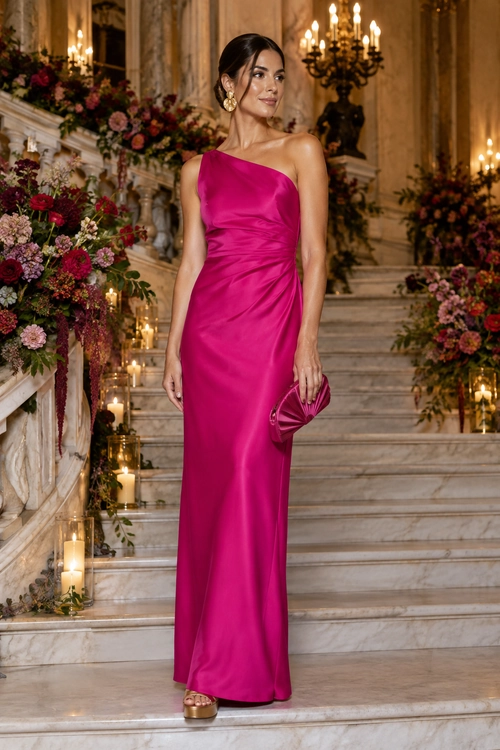 A floor-length magenta satin gown with an asymmetrical neckline and draped waist, styled with gold earrings, a matching clutch, and gold platform sandals.