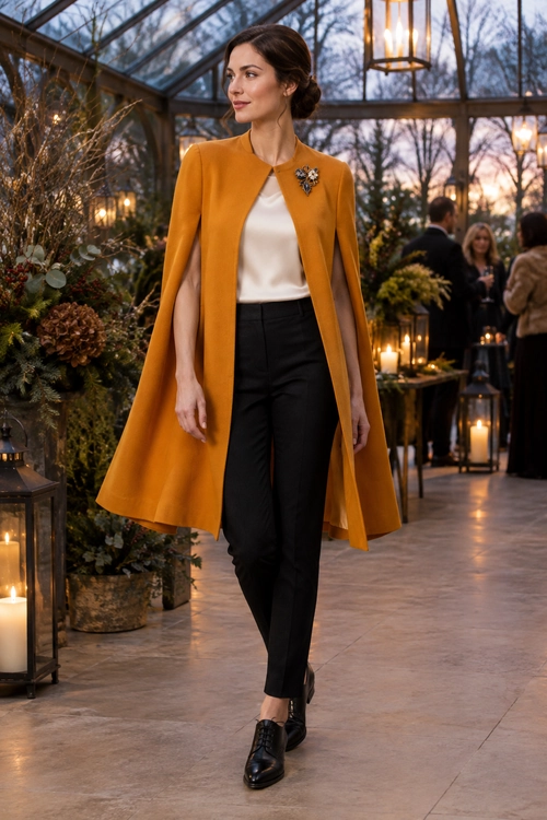 A mustard cape-style coat layered over a white top and black trousers, with a jeweled brooch and black lace-up shoes.