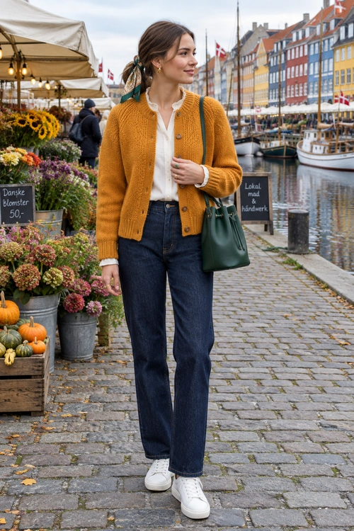 A mustard long cardigan is layered over a teal turtleneck and dark jeans, with a patterned neck scarf, burgundy tote bag, and white sneakers.