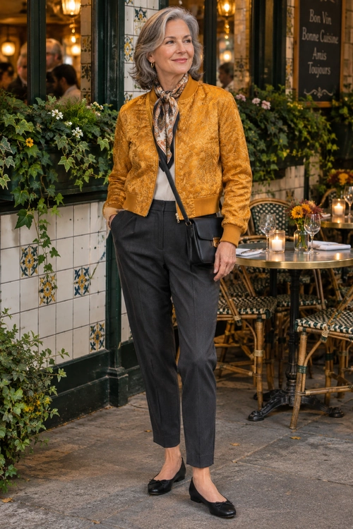 Mustard Jacket and Tailored Trousers A mustard patterned jacket and printed scarf are paired with a cream top, charcoal trousers, black flats, and a black crossbody bag.