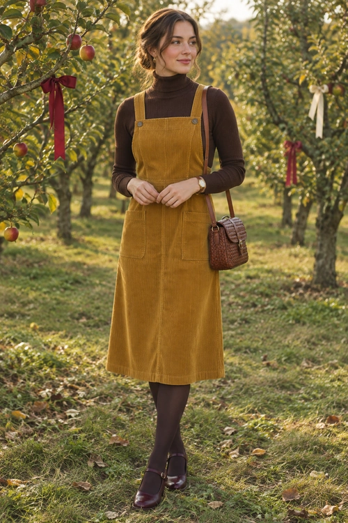 Mustard Pinafore Dress Outfit A mustard corduroy pinafore dress layered over a brown turtleneck with dark tights, burgundy shoes, and a brown shoulder bag.