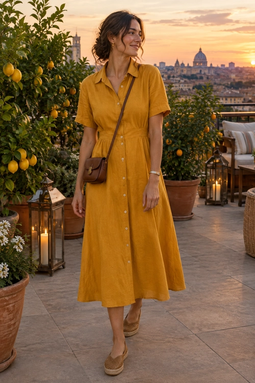 Mustard Shirt Dress Outfit A mustard yellow button-front shirt dress styled with tan espadrille flats and a brown crossbody bag.