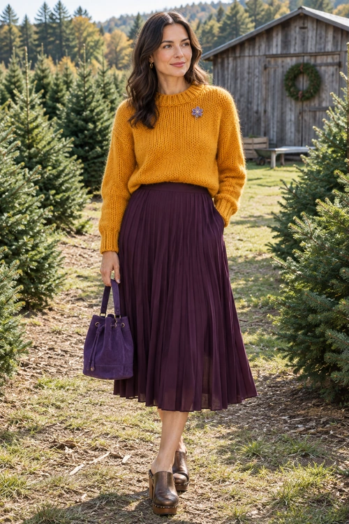 Mustard Sweater and Plum Pleated Skirt A mustard knit sweater with a floral brooch is paired with a plum pleated midi skirt, purple handbag, and brown shoes.