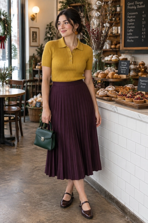 Mustard Top and Plum Pleated Skirt A mustard ribbed short-sleeve polo top is paired with a plum pleated midi skirt, dark green handbag, gold earrings, and brown Mary Jane shoes.