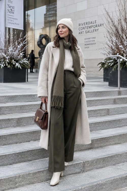 Neutral Winter Gallery Outfit A woman wears a long light beige coat over a cream knit sweater, olive scarf and wide-leg trousers, with a white beanie, ivory ankle boots and brown handbag.