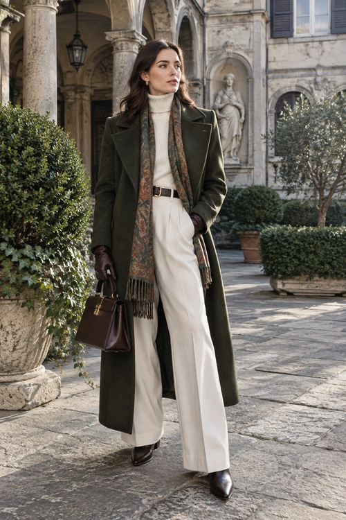 A long olive coat is layered over a cream turtleneck and wide-leg trousers, with a patterned scarf, brown gloves, a structured handbag, and dark ankle boots.