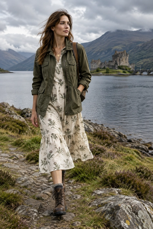 An olive utility jacket is layered over a cream botanical-print dress with brown lace-up boots and a backpack.