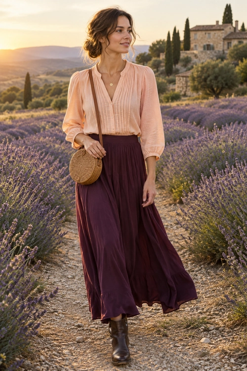 A peach pleated blouse is tucked into a flowing burgundy maxi skirt, paired with brown ankle boots and a round woven crossbody bag.
