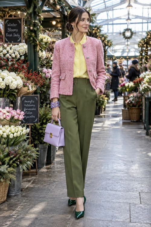 Pink Tweed Jacket and Olive Trousers A pink tweed jacket and yellow blouse paired with olive tailored trousers, green pointed heels, and a lilac handbag.