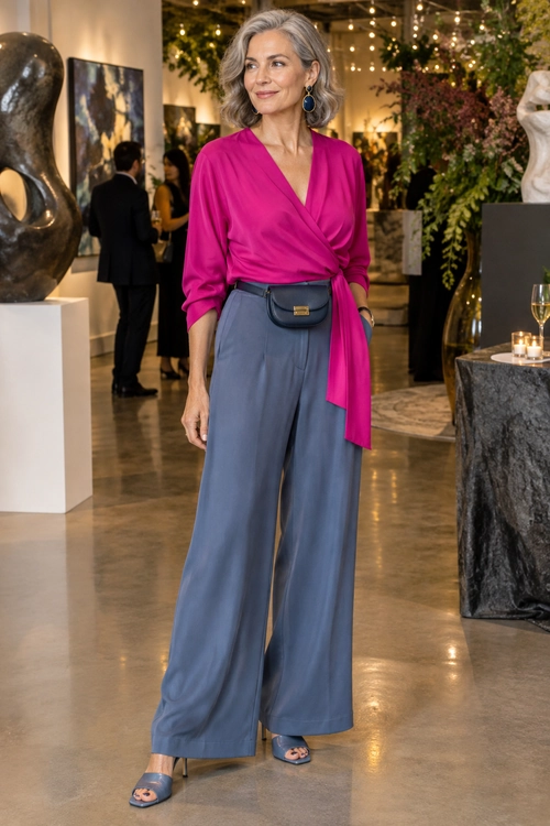 Pink Wrap Blouse and Wide-Leg Trousers A bright pink wrap blouse is paired with slate-blue wide-leg trousers, blue sandals, a navy waist bag, and drop earrings.
