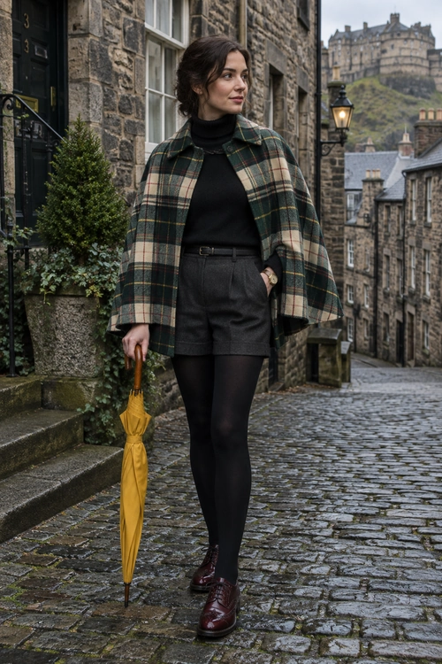 A dark plaid cape is layered over a black turtleneck and charcoal shorts, with black tights, burgundy lace-up shoes, and a yellow umbrella.