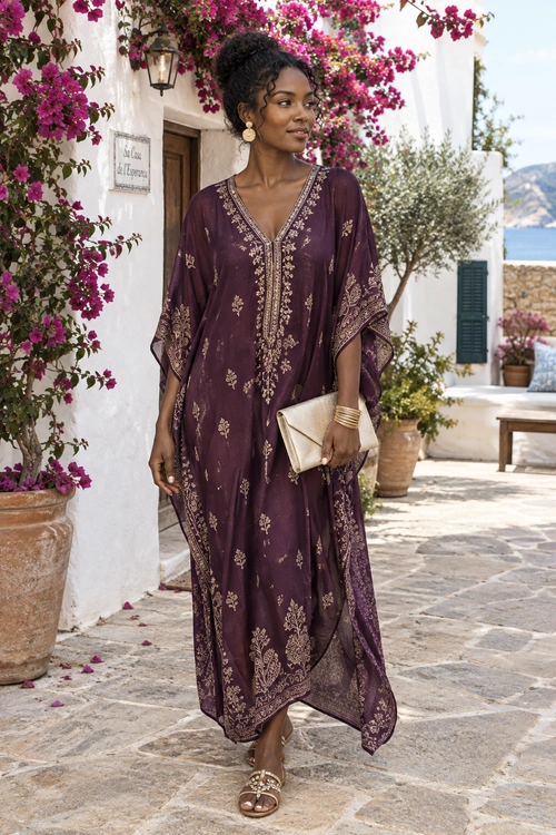 A flowing plum kaftan with gold embroidery is styled with gold sandals, earrings and bracelets, plus a cream clutch.