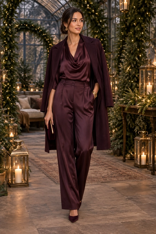 Plum Satin Evening Suit A woman wears a plum satin cowl-neck top and trousers with a matching coat draped over her shoulders and pointed heels.