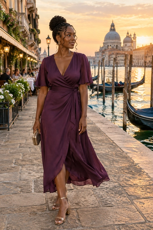 A plum wrap dress with flutter sleeves and an asymmetric hem is styled with strappy sandals, gold-toned jewelry, and a small clutch.