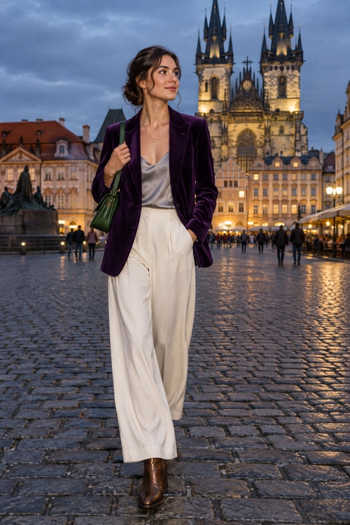 A purple velvet blazer is layered over a gray V-neck top with ivory wide-leg trousers, brown ankle boots, and a green shoulder bag.