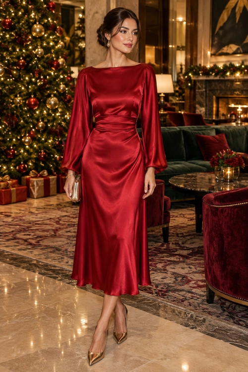 A woman wears a long red satin dress with puff sleeves, gold pointed-toe heels, and a small metallic clutch.