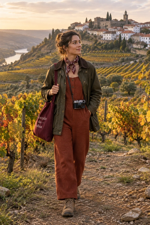 A rust-colored button-front jumpsuit layered with an olive utility jacket, patterned neck scarf, and brown boots.