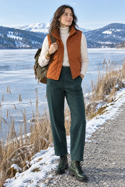 Rust Quilted Vest and Winter Layers A rust quilted vest and cream turtleneck are paired with dark green trousers, lace-up boots, and an olive backpack.