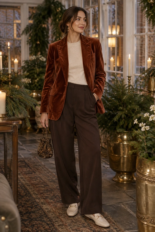 Rust Velvet Blazer Outfit A rust velvet blazer layered over a cream knit top with dark brown wide-leg trousers, cream loafers, and a small embellished handbag.