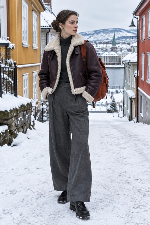 A dark brown shearling-trimmed jacket, charcoal top, gray wide-leg trousers, black lace-up boots, and rust-colored backpack styled for a snowy day.