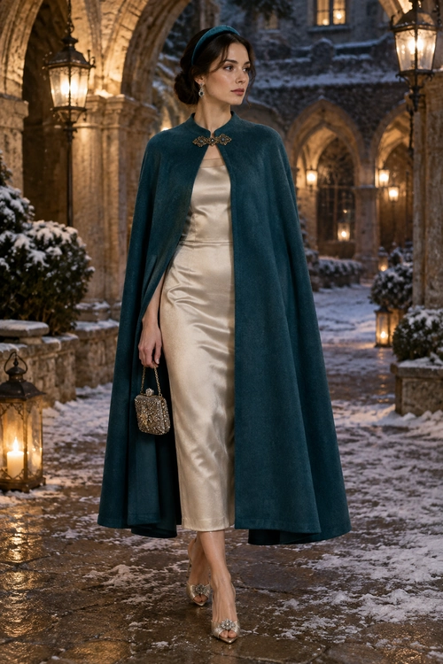 Teal Cape and Satin Dress A woman wears a dark teal cape over an ivory satin midi dress with a matching headband, embellished clutch, earrings, and metallic heels.