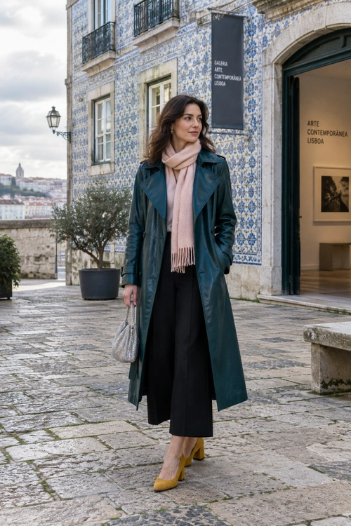 Teal Coat and Pink Scarf A long teal coat is layered over black wide-leg trousers with a blush pink scarf, mustard heels, and a silver handbag.