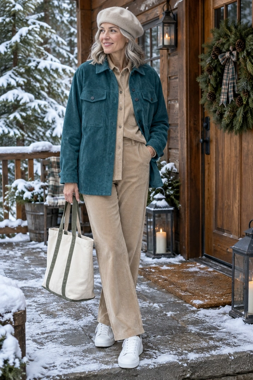 Teal Jacket and Beige Winter Outfit A teal jacket, beige shirt and trousers, cream beret, white sneakers, and canvas tote create a relaxed winter outfit.