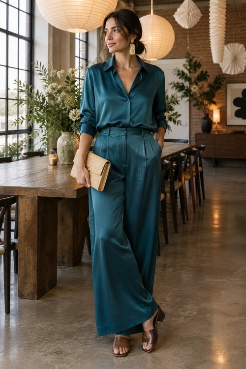 Teal Satin Two-Piece Outfit A teal button-up satin blouse is tucked into matching wide-leg trousers, styled with gold earrings, a woven clutch, and brown heeled sandals.