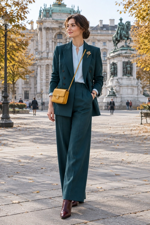 A dark teal double-breasted suit is styled with a white blouse, mustard crossbody bag, floral brooch, and burgundy ankle boots.