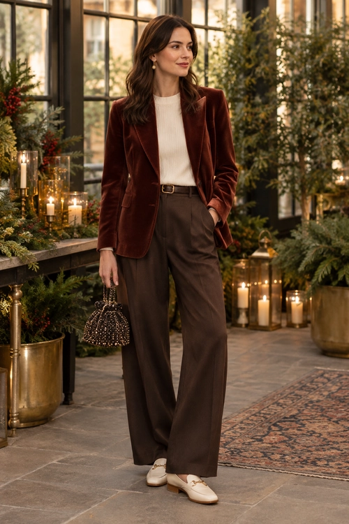 Velvet Blazer and Wide-Leg Trousers A rust-brown velvet blazer and cream knit top styled with dark brown wide-leg trousers, cream loafers, and a small beaded handbag.